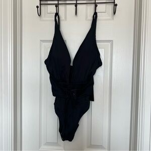 Waist Cinching Black One-Piece Swimsuit